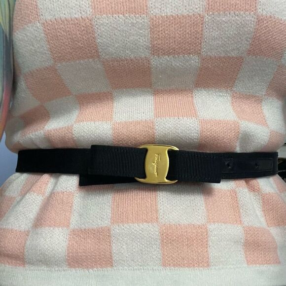 Salvatore Ferragamo Black Vala Ribbon Belt Logo Belt Fabric Leather Size Small - Picture 1 of 8